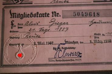 Preview: alte Mitgliedskarte NSDAP Nr. 5049618  München 1938